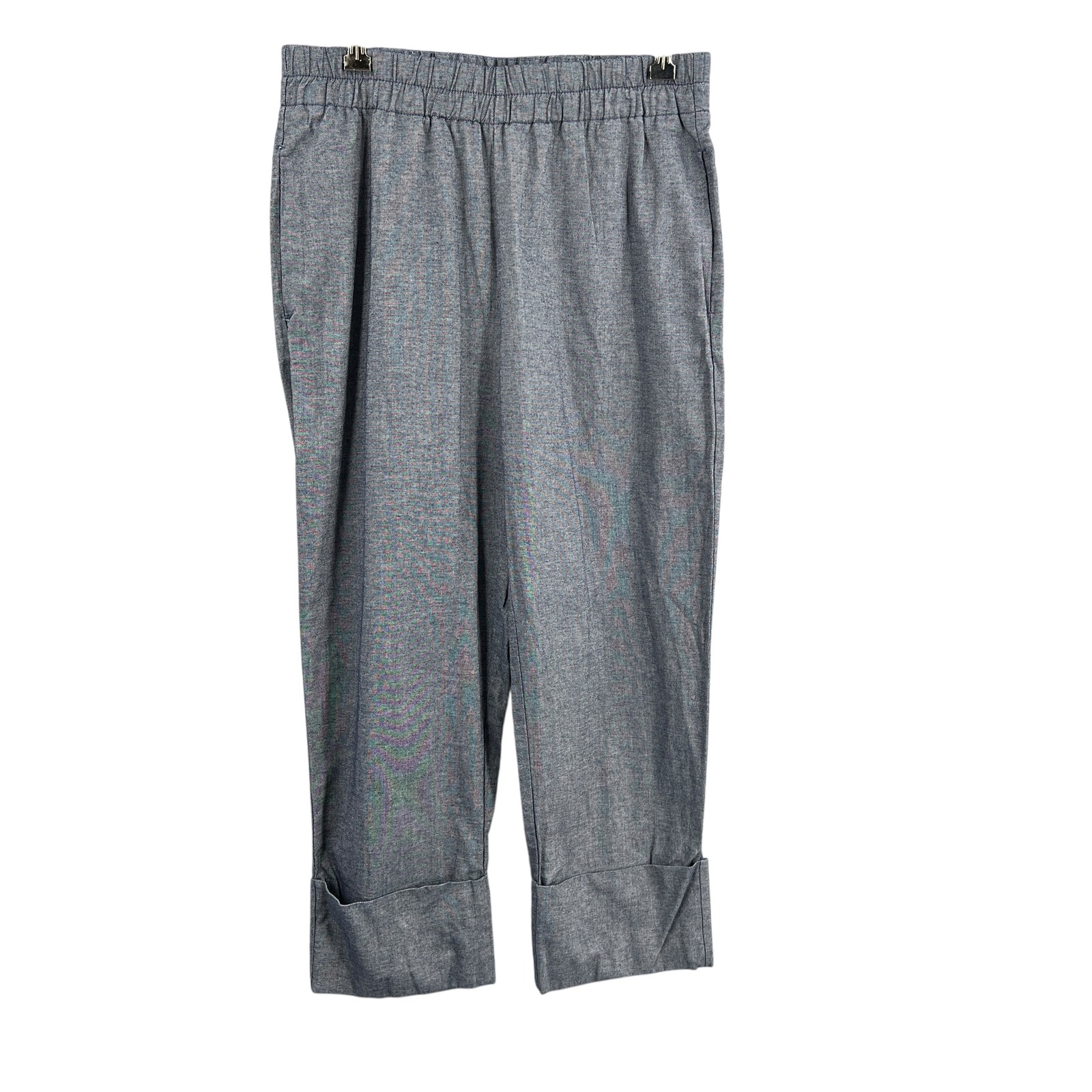 Zara Blue Pull-On Cropped Pants Size L Elastic Waist Chambray Look Cuffed